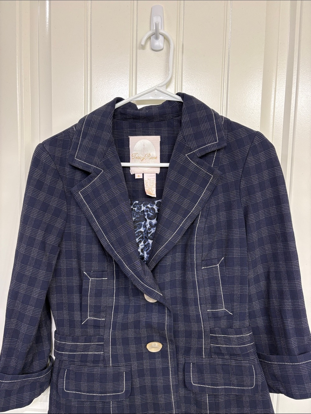 Tracy Reese Navy Plaid Tailored Blazer with Contrast Stitching - Picture 2 of 12